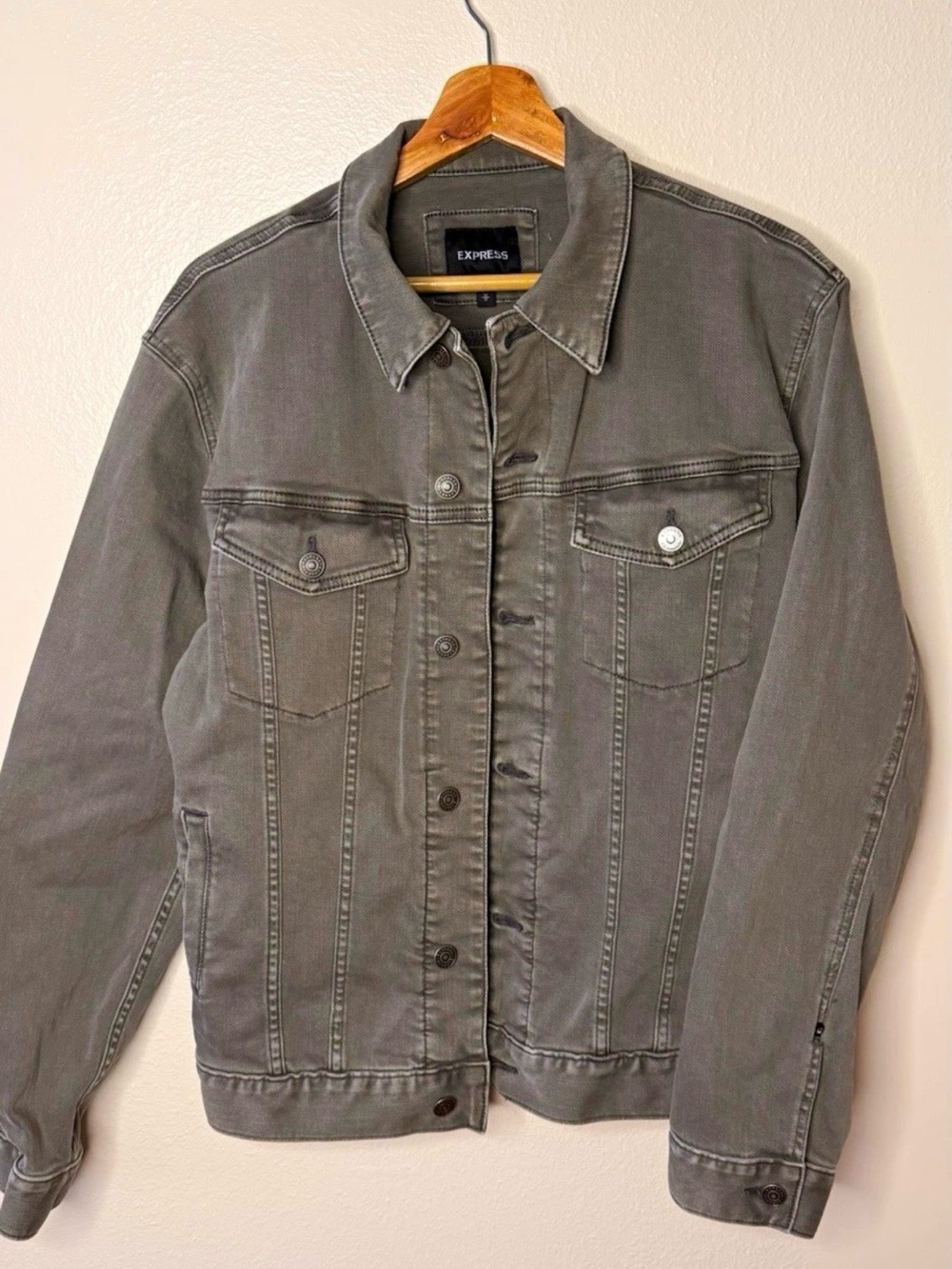 Express Men’s Olive Gray Denim Trucker Jacket Medium | Stretch Button Front